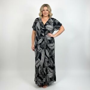 Tropical Dress Black and Gray Leaf Print Maxi V-Neck Side Slit Cinched Waist